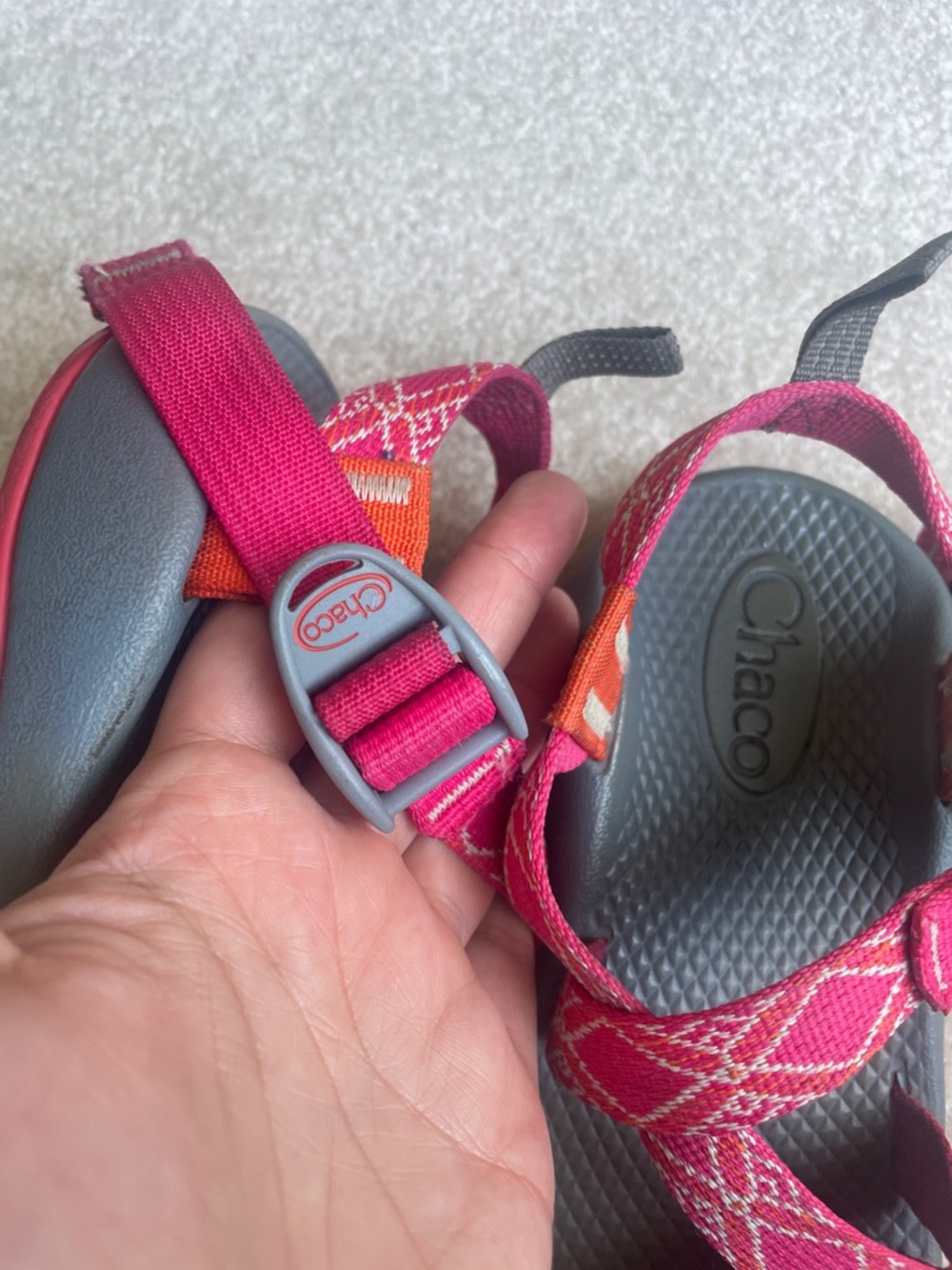 Chaco Kids’ Pink Patterned Webbing Sandals with Gray Footbeds - Picture 7 of 11